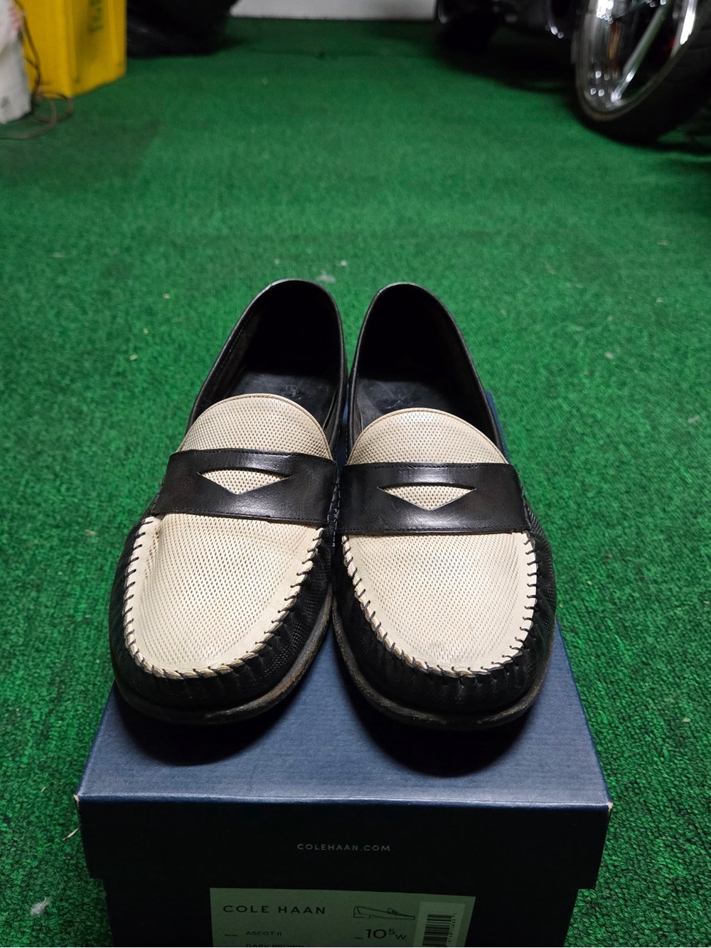 Cole Haan Beige and Black Penny Loafers